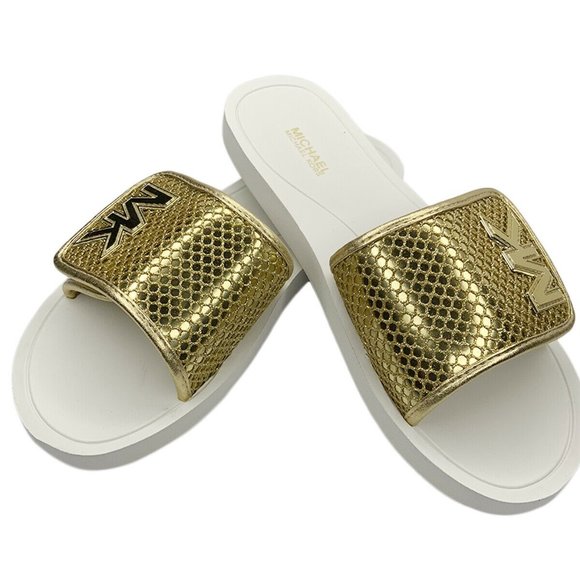 NWT MICHAEL KORS AUTHENTIC WOMEN'S WHITE GOLD SLIP ON SLIDES SANDALS SIZE 6 8 - Picture 2 of 6